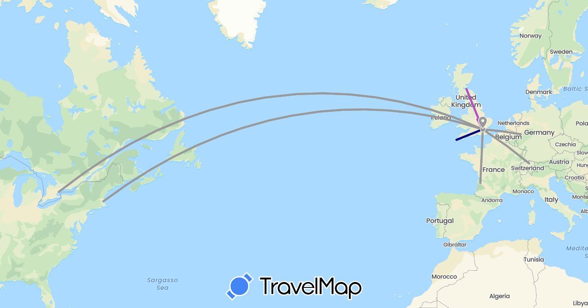 TravelMap itinerary: driving, plane, train in Canada, Switzerland, Germany, France, United Kingdom, United States (Europe, North America)